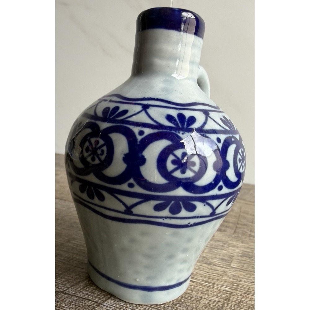 Vtg German Blue Gray Floral Hand Painted Salt Glazed Stoneware Jug Corked 5 1/2"